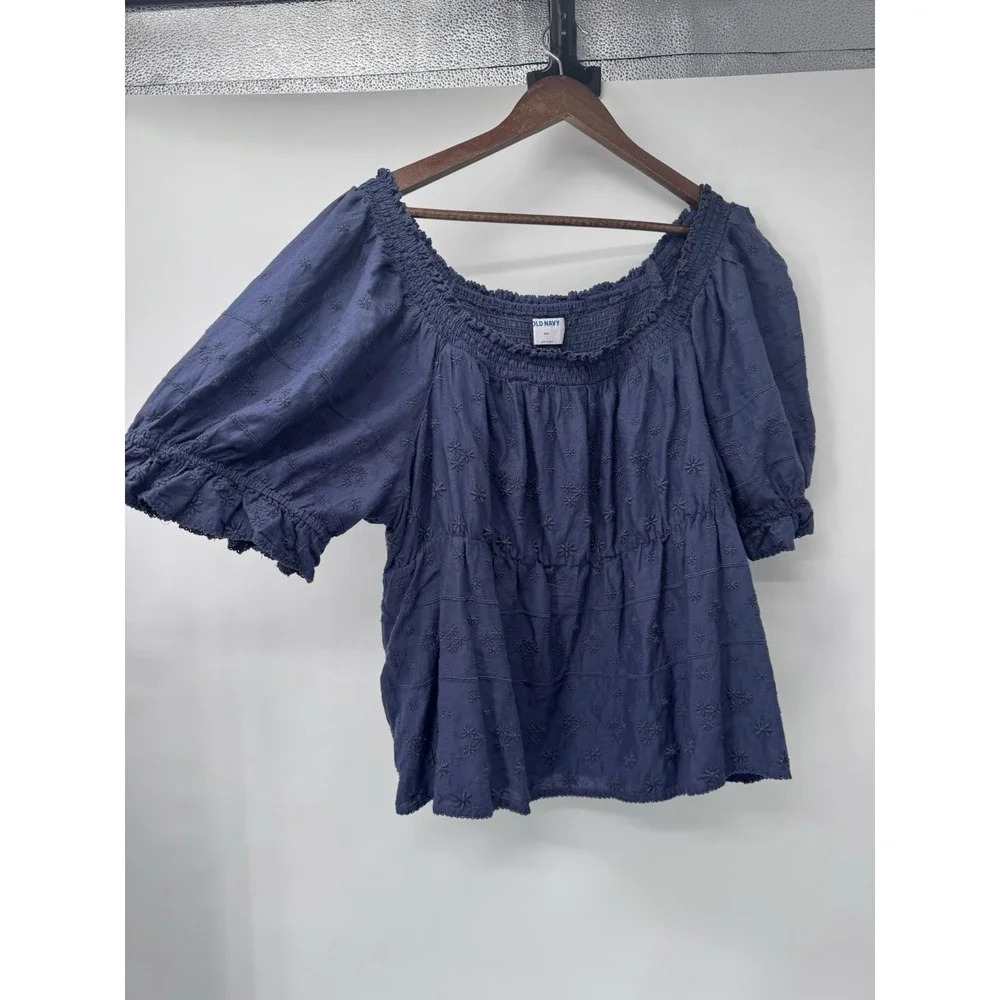 Old‎ Navy 2X Blue Floral Embroidered eyelet Smocked Blouse cottage puff sleeve